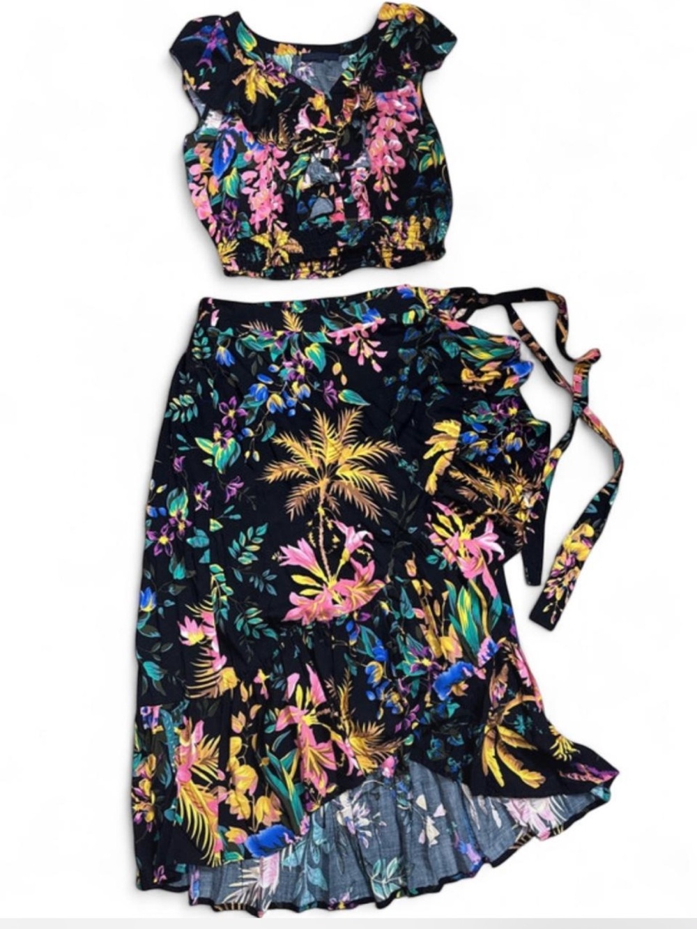 Rachel Roy two-piece tropical floral matching set, smocked crop top, wrap skirt